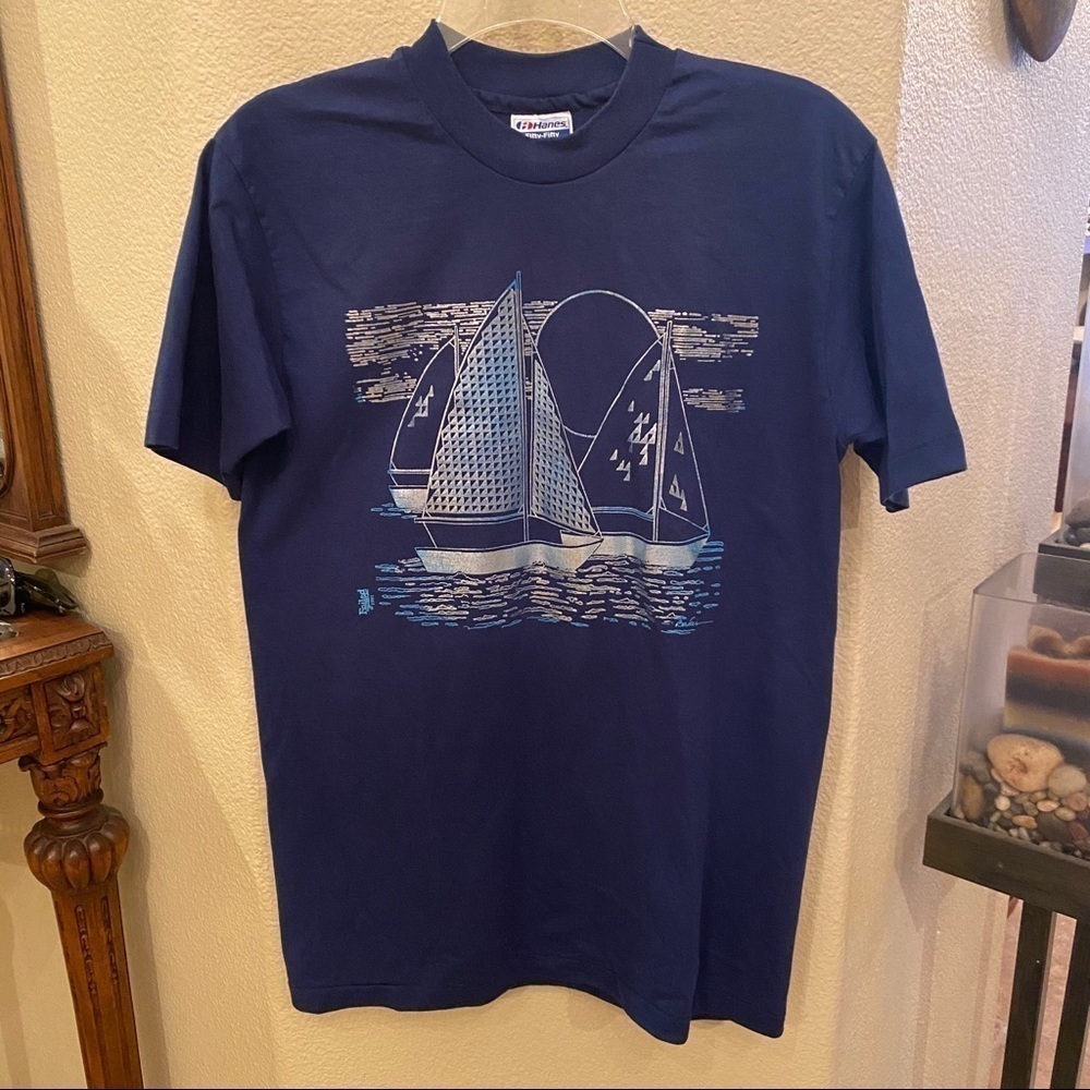 Hanes Navy Blue Short Sleeve Tee with Sailboat Design